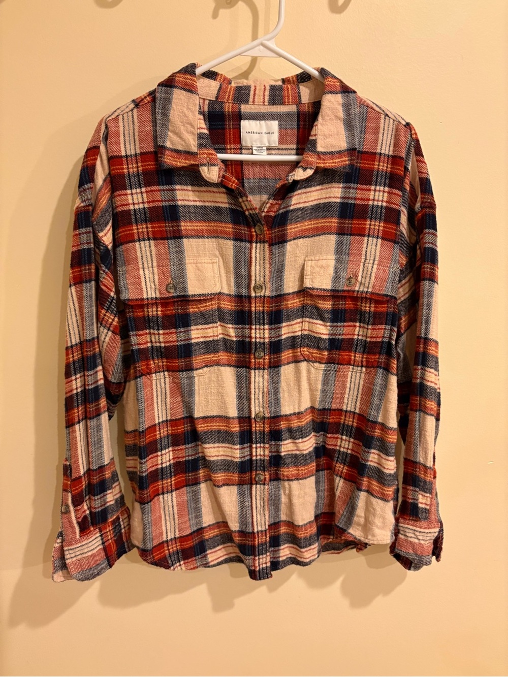 American Eagle Outfitters Plaid Button-Down Shirt in Red, Navy & Cream